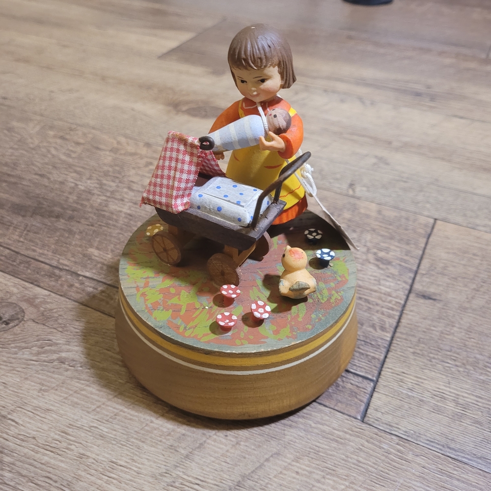 Vtg Handcrafted Wooden Music Box with Doll Figurine Mase In Italy